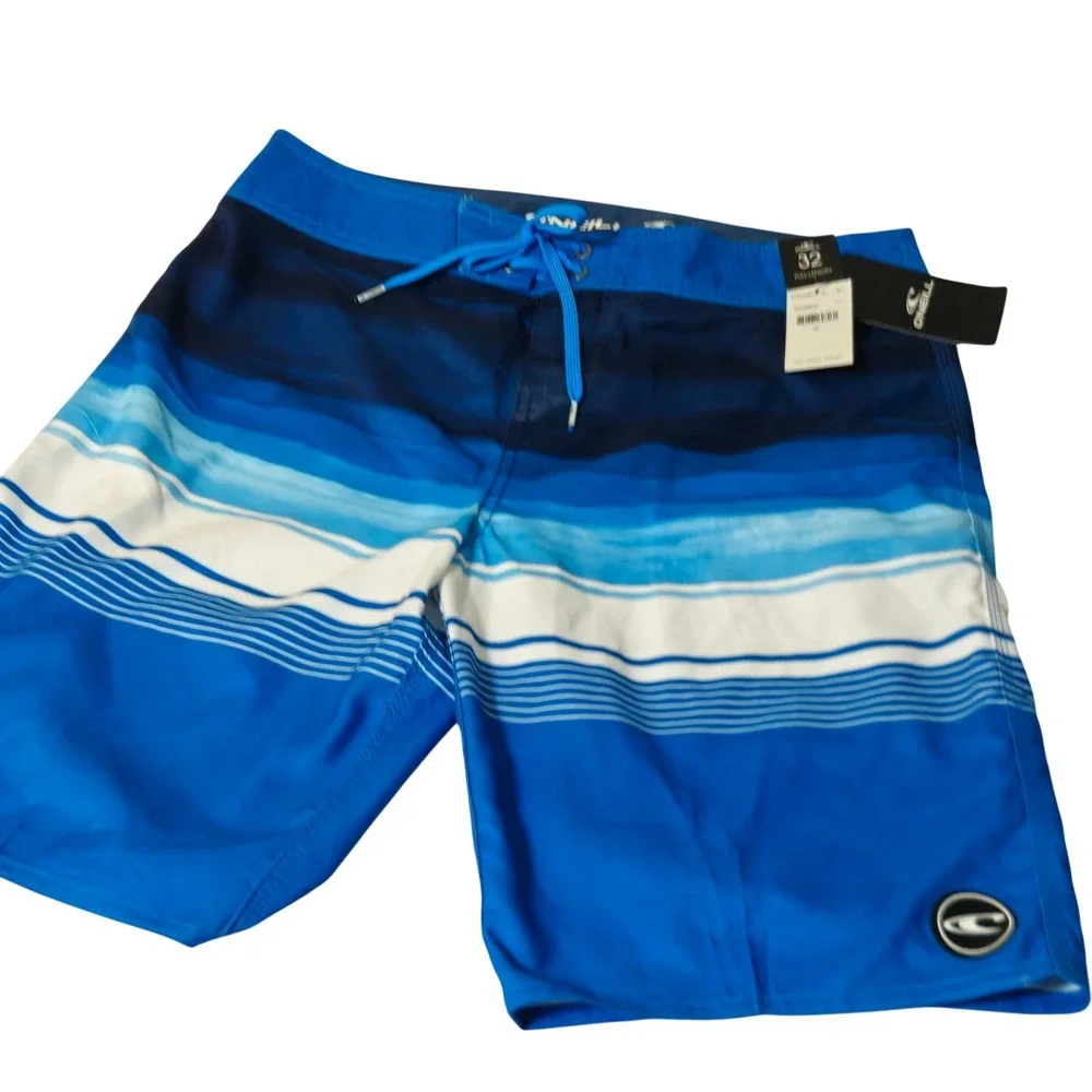 NEW O'Neill Board Shorts Men 32 Blue Striped  Full-Length Swim Trunks NWT‎